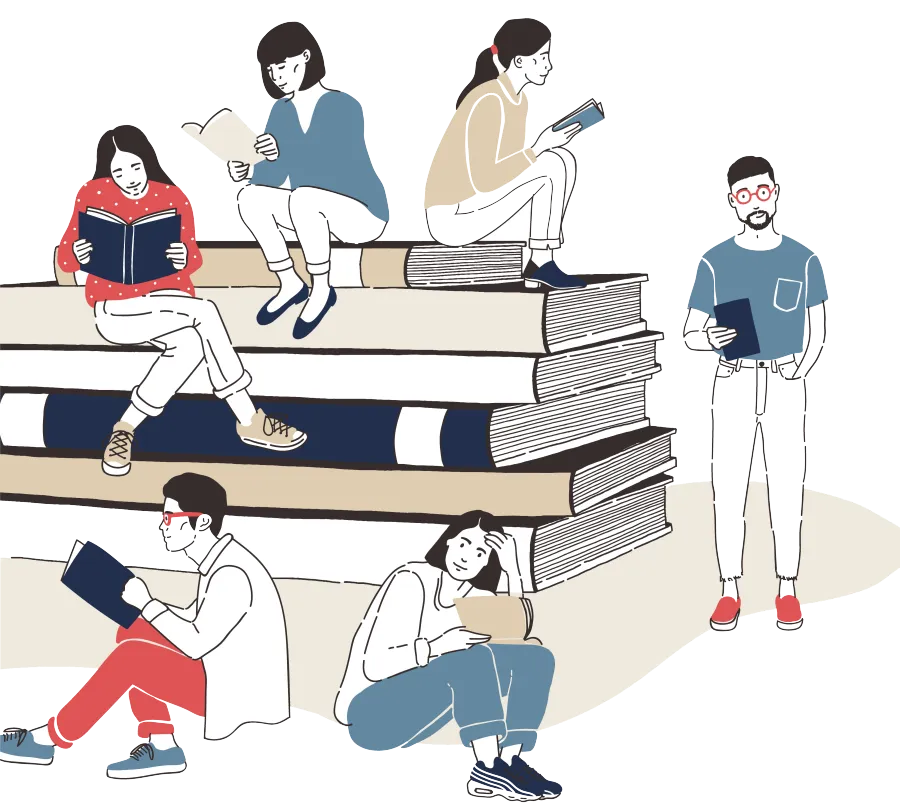 Readers sitting on stacked books